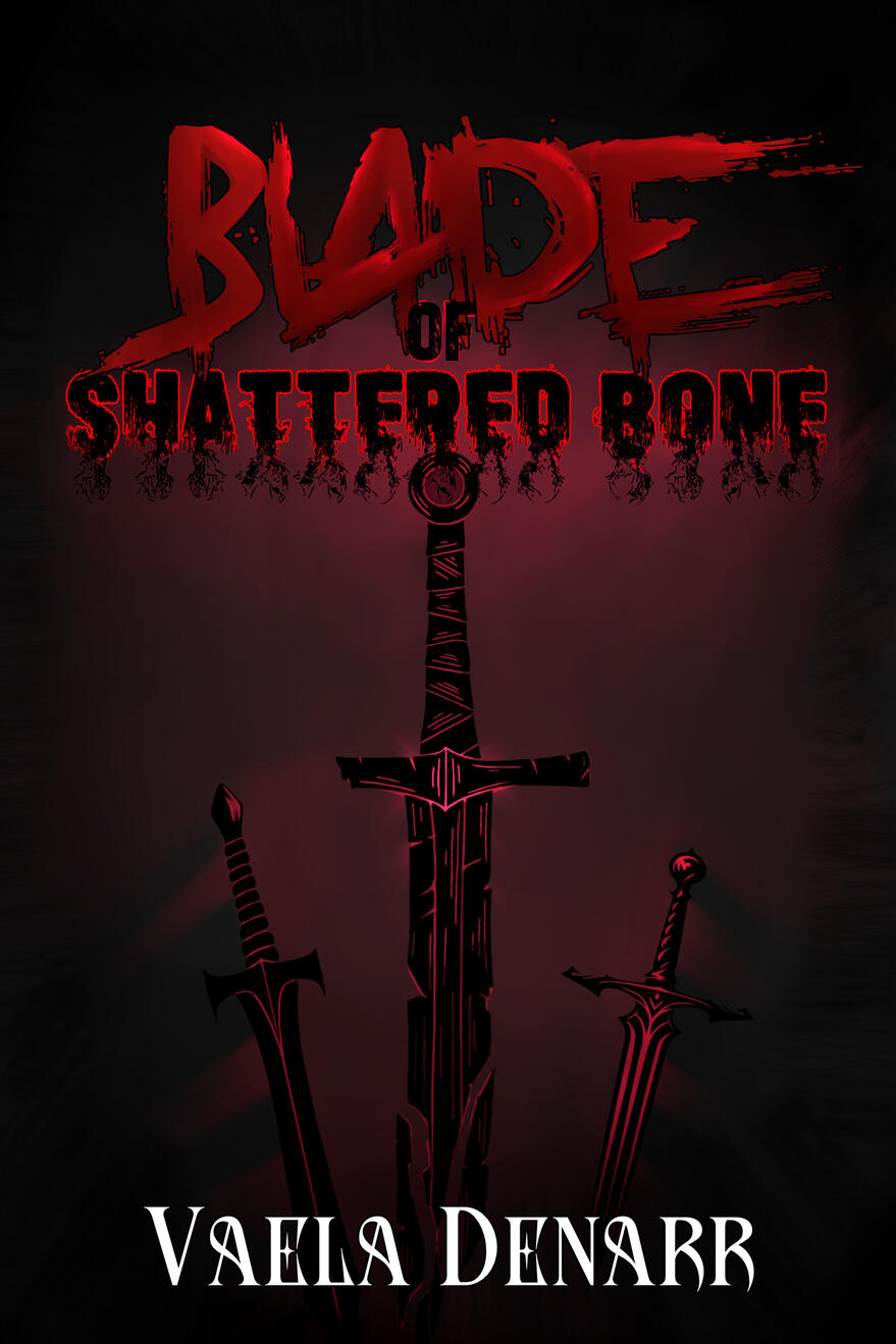 Description to come Image is a book cover overwhelmingly slathered in red and black, titled Blade of Shattered Bone, showing three black-outlined, red-glowing blades under a title that looks like it is written in blood and on fire.