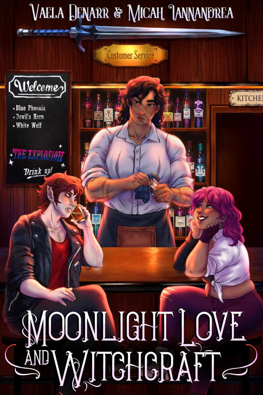Image shows a book cover: Three characters in front of a cozy, warm background of a bar. A sword with a plaque reading "customer service" hangs above them. To the left is a menu with several drinks listed, with one named "The Explosion"