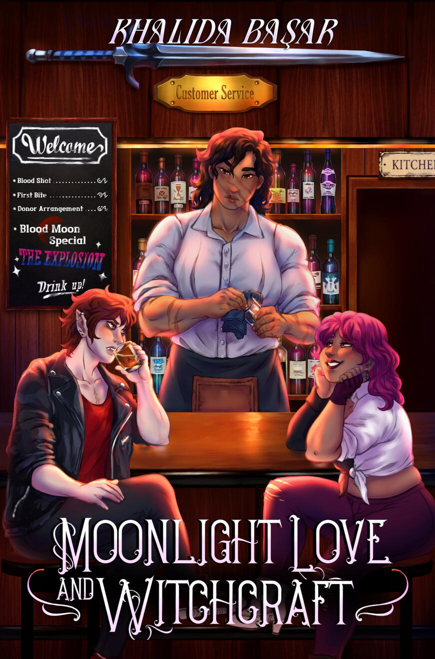 Image shows a book cover: Three characters in front of a cozy, warm background of a bar. A sword with a plaque reading "customer service" hangs above them. To the left is a menu with several drinks listed, with one named "The Explosion"