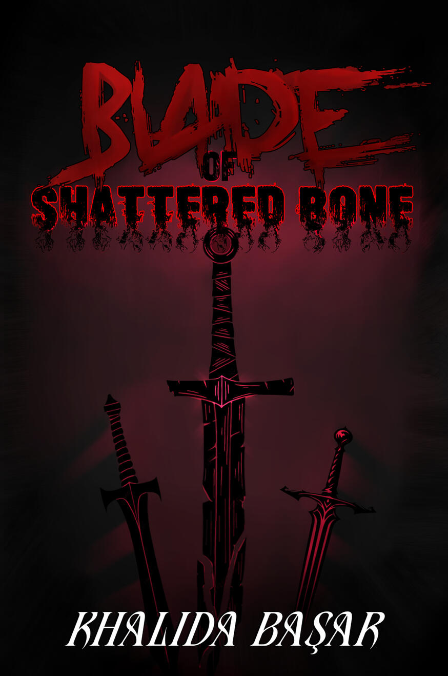 Image is a book cover overwhelmingly slathered in red and black, titled Blade of Shattered Bone, showing three black-outlined, red-glowing blades under a title that looks like it is written in blood and on fire.