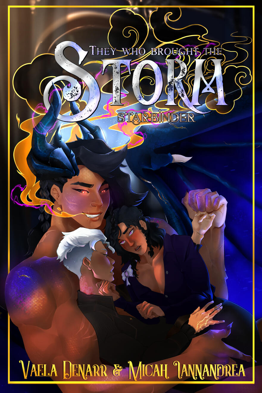 Image shows a book cover: A muscular half dragon with brown skin holds two other people. Her hair is long, black and braided at the sides. There is a smirk on her lips, and her golden eyes are lidded. Patches of blue speckled with stars glint on her joints