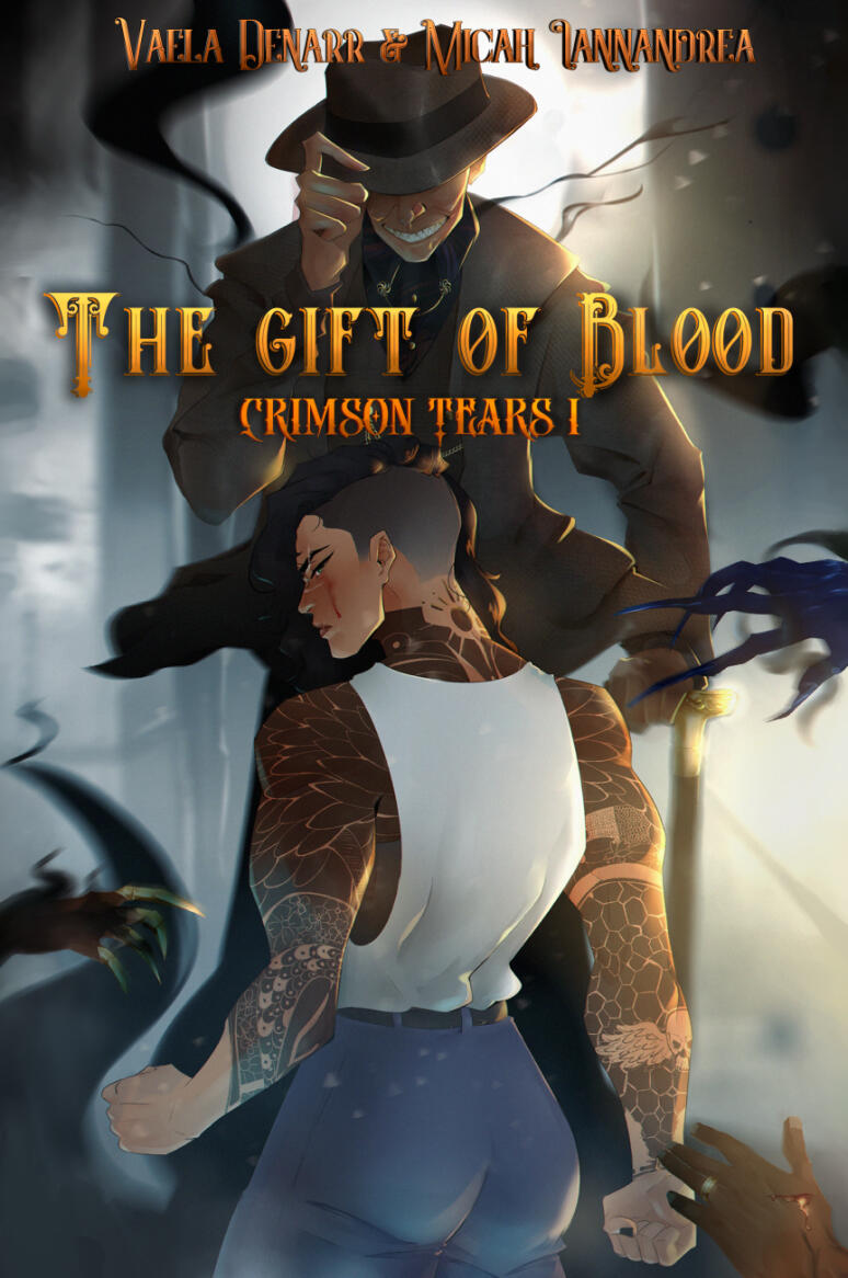 Image shows a book cover for The Gift of Blood by Vaela Denarr & Micah Iannandrea. A muscular tattooed asian lesbian with tan skin stands with her back to the viewer. A person in a brown suit looms above her, and shadowy hands reach out for her.