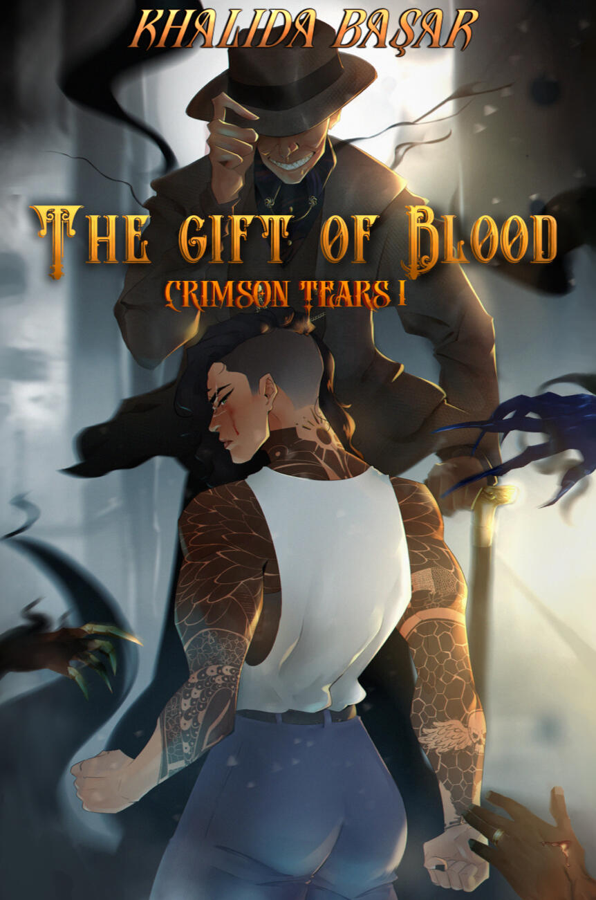 Untitled Image shows a book cover for The Gift of Blood by Vaela Denarr & Micah Iannandrea. A muscular tattooed asian lesbian with tan skin stands with her back to the viewer. A person in a brown suit looms above her, and shadowy hands reach out for her.