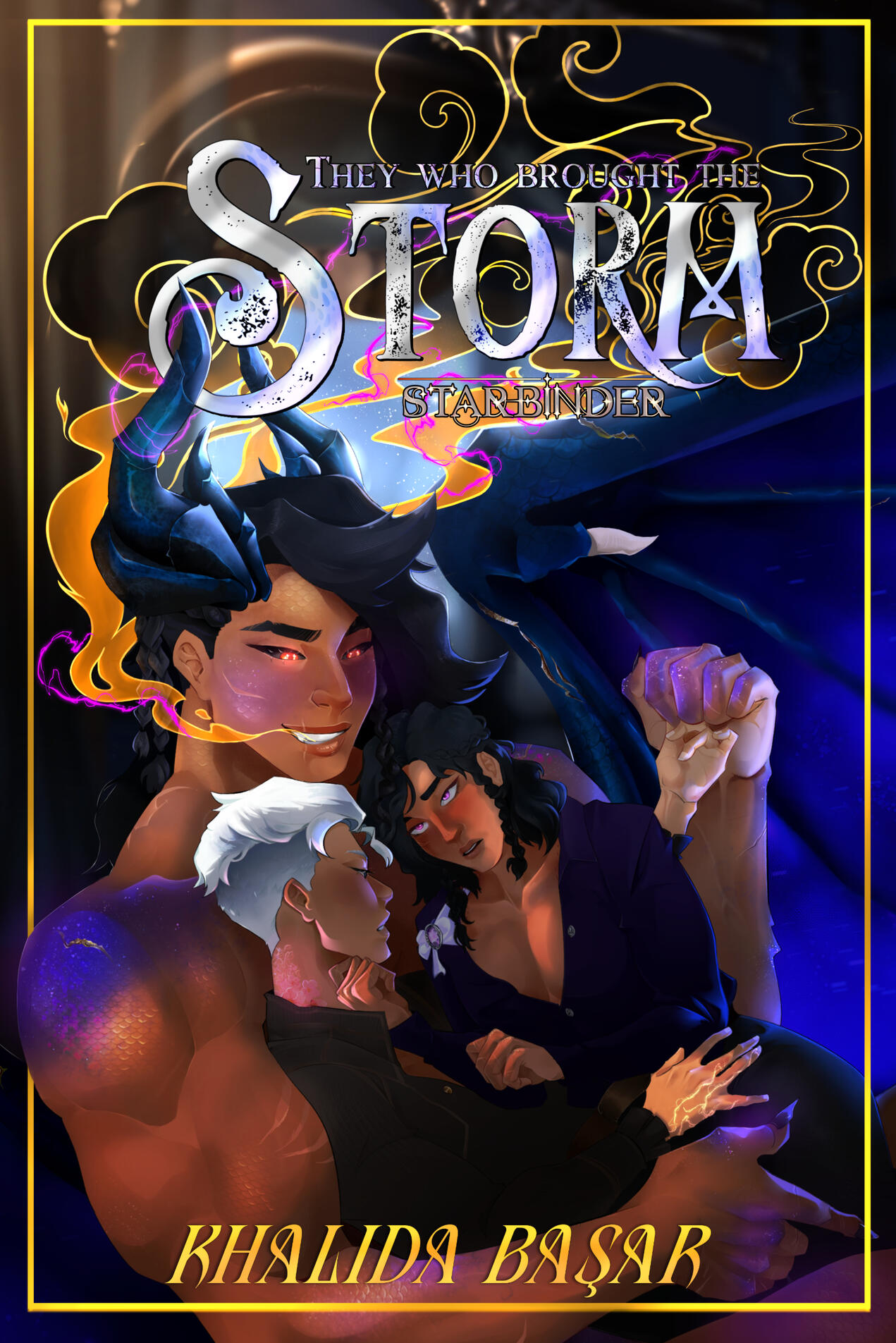 Untitled Image shows a book cover: A muscular half dragon with brown skin holds two other people. Her hair is long, black and braided at the sides. There is a smirk on her lips, and her golden eyes are lidded. Patches of blue speckled with stars glint on her joints