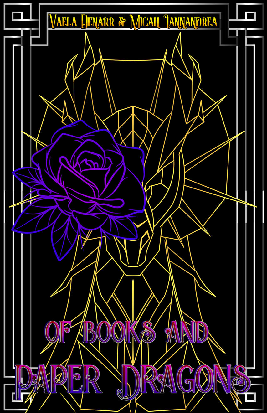 Description to come Image is a book cover, black, surrounded by a geometric, silver border. Main subject is a golden dragon comprised of lines, with a frill around the head, and a purple flower covering half the dragon's face.