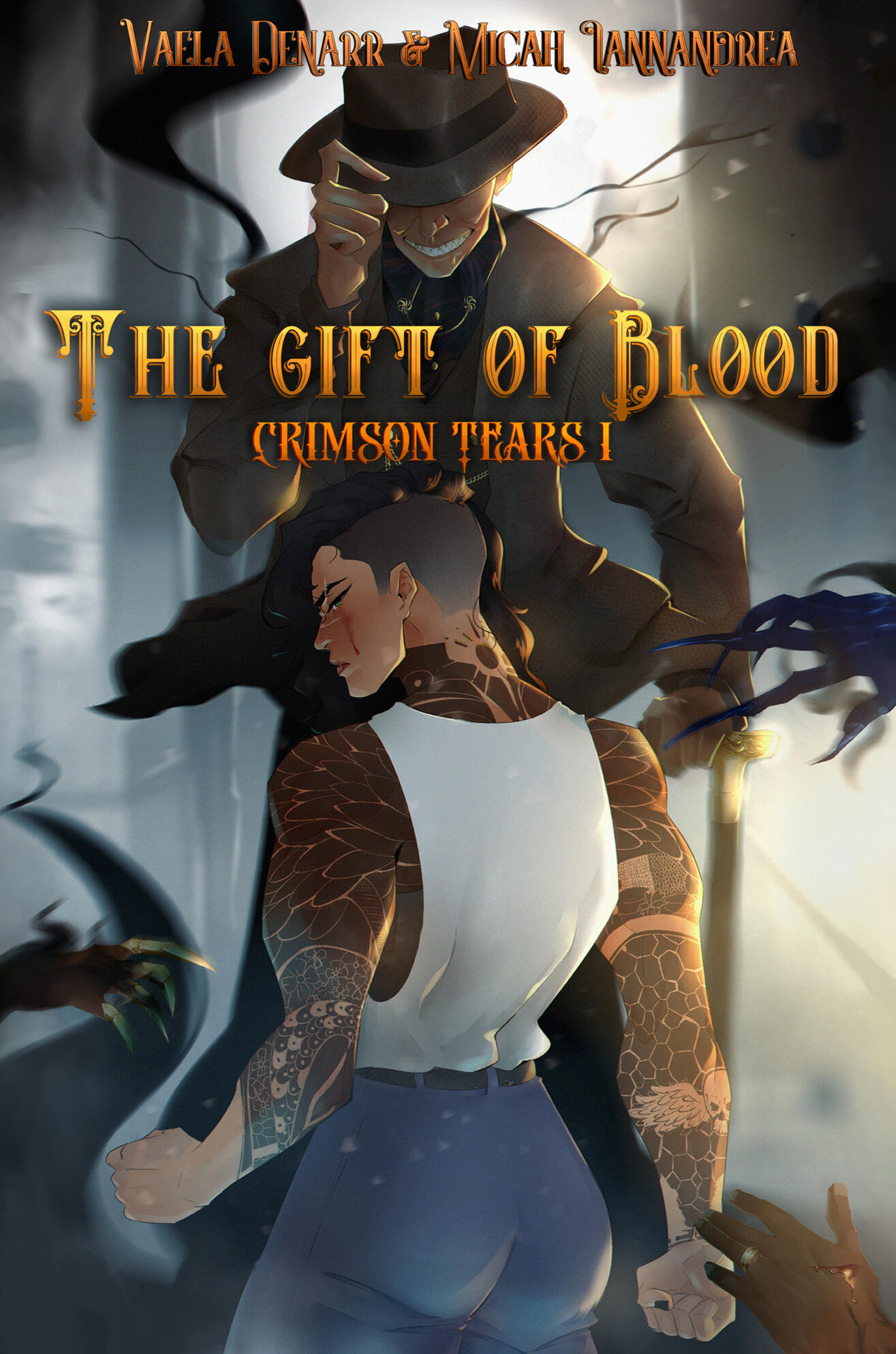 Image shows a book cover for The Gift of Blood by Vaela Denarr & Micah Iannandrea. A muscular tattooed asian lesbian with tan skin stands with her back to the viewer. A person in a brown suit looms above her, and shadowy hands reach out for her.
