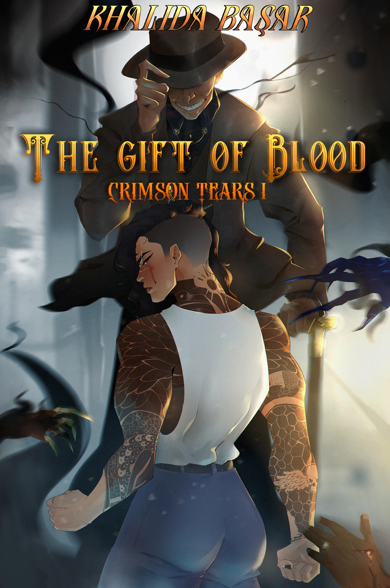 Image shows a book cover for The Gift of Blood by Vaela Denarr & Micah Iannandrea. A muscular tattooed asian lesbian with tan skin stands with her back to the viewer. A person in a brown suit looms above her, and shadowy hands reach out for her.