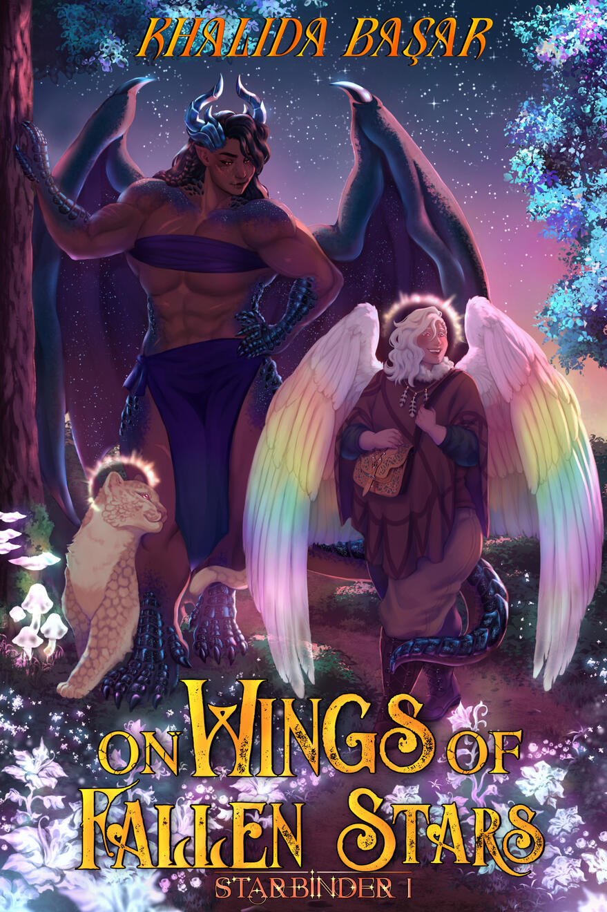Image shows a book cover in warm colours: Two women are walking through a forest under a star-speckled sky on a path lined with crystal flowers. Lefthand character is a topless half dragon person with brown skin and huge muscles.