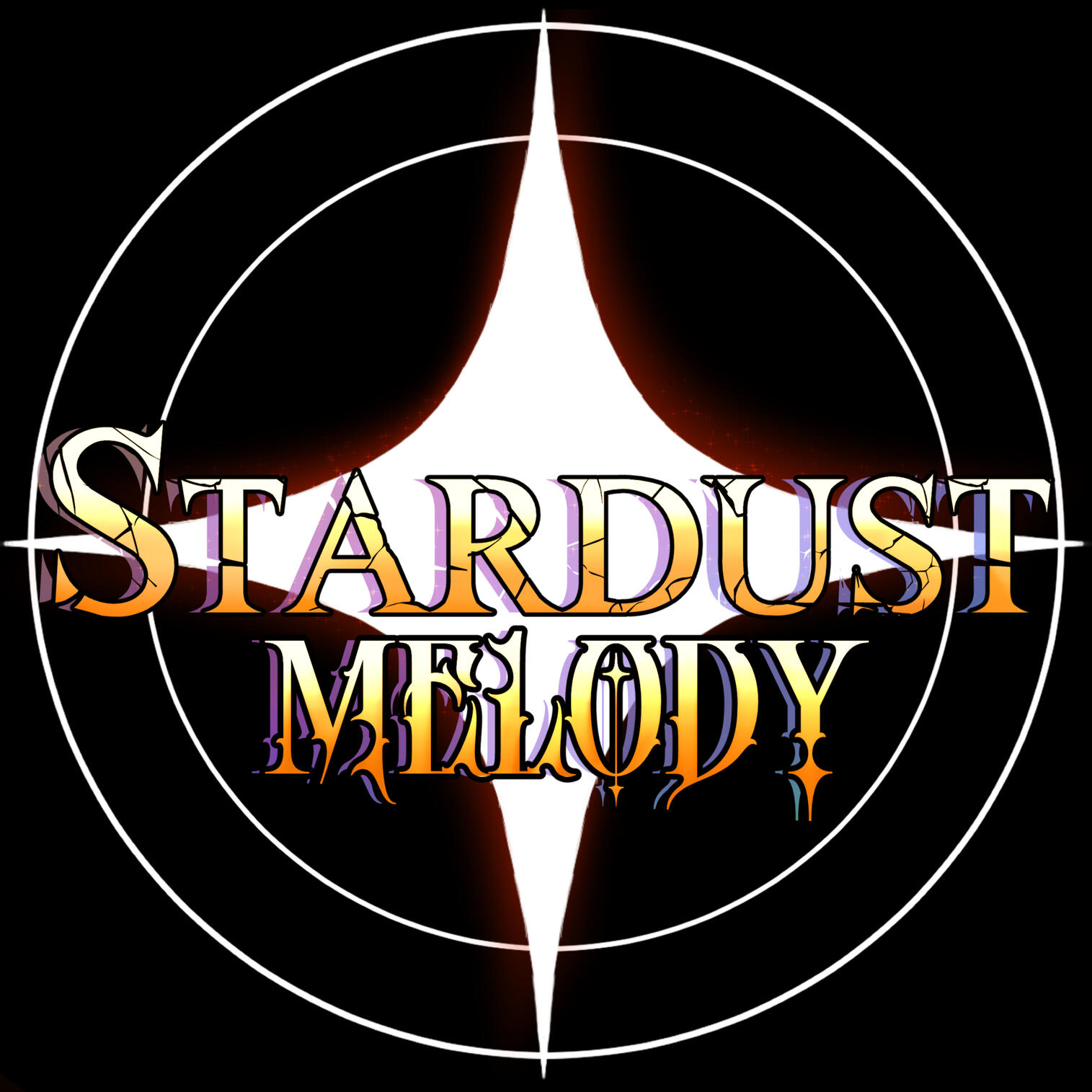 A white burning four-point star on black background surrounded by two circles. The Text above it reads in cracked and jagged lines "Stardust Melody." The text is gilded and metallic like white-hot glowing gold.