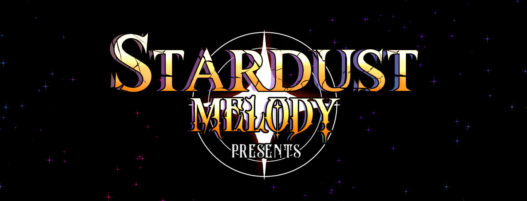 Banner with a black background full of stats, surrounded by two circles. The Text above it reads in cracked and jagged lines "Stardust Melody." The text is gilded and metallic like white-hot glowing gold. Under the main text it also reads presents in white